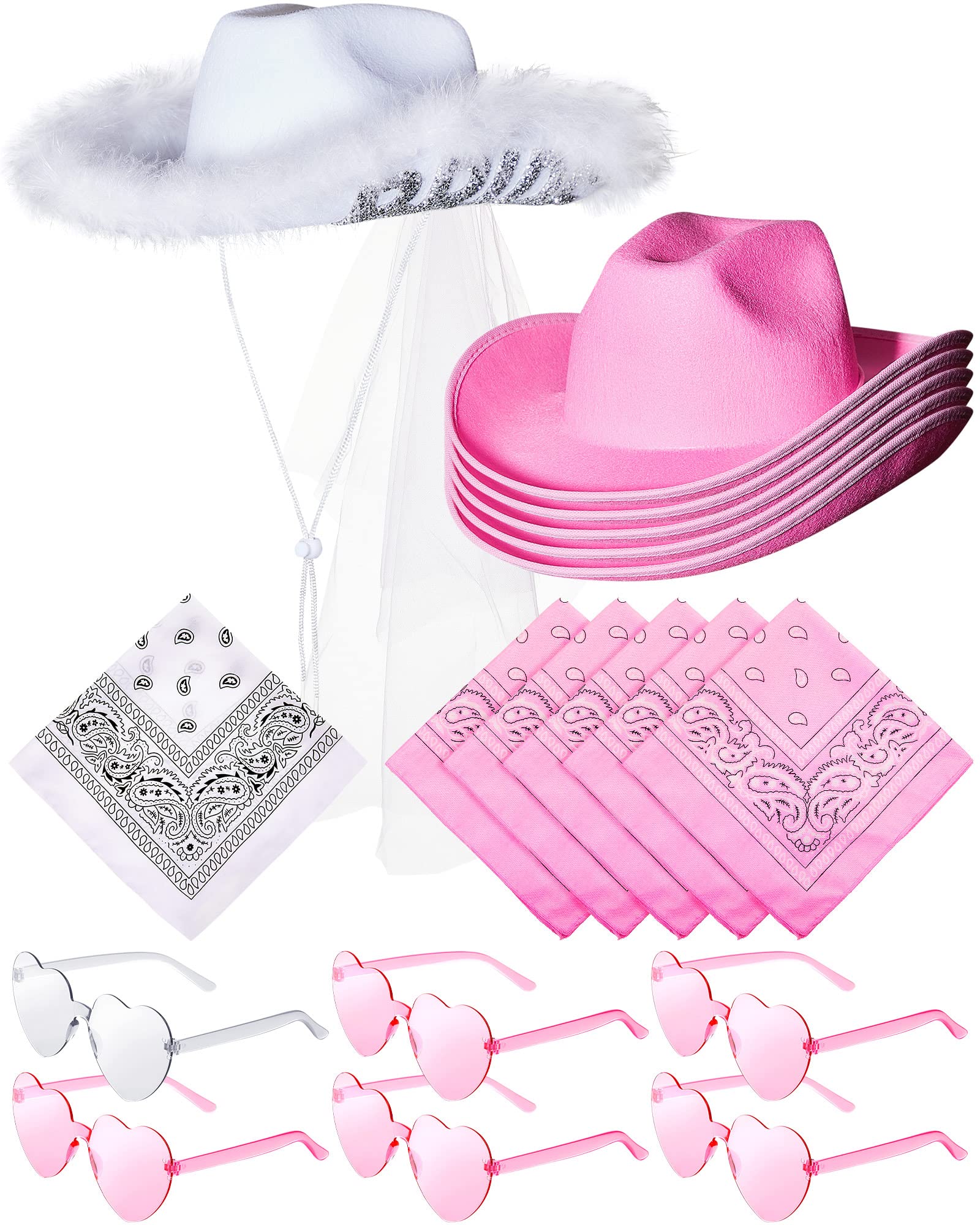 Photo 1 of **MISSING OTHER ACCESSSORIES/ HATS ONLY** Jecery Bachelorette Party Set: Bride Cowgirl Hat with Veil, 5 Pink Hats, 6 Heart Sunglasses, and 6 White & Pink Bandanas for Last Rodeo