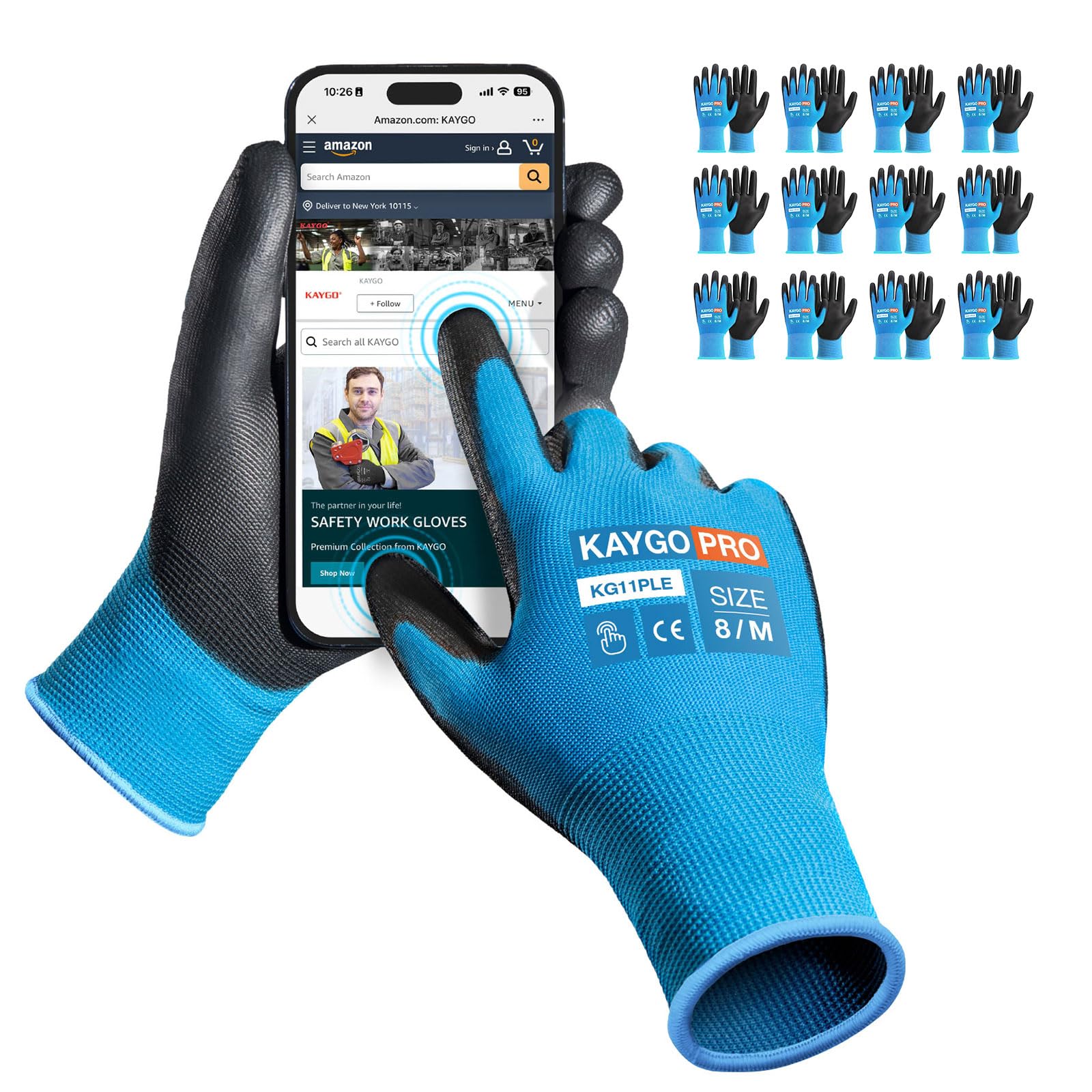 KAYGO Work Gloves PU Coated 12 Pairs Touchscreen, KG11PLE, Safety Working Gloves with Secure Grip on Palm & Fingers, for Men and Women, Ideal for General Duty Work, Gardening (Medium, Blue)