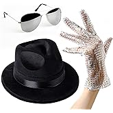 Cosmic Chameleon Pop King Jackson Costume - Unisex 3 Piece - M-J Sequin Gloves, Black Fedora Hat and Silver Aviator Sunglasses - 80s 90s Themed Halloween Cosplay Stage Party Outfit