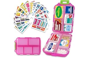 IOUWEI Pill Organizer with 161 Medicine Labels Travel Daily Pill Container Mini Medication Organizer Storage Pill Organizer Pill Case 7 Day (Pink)