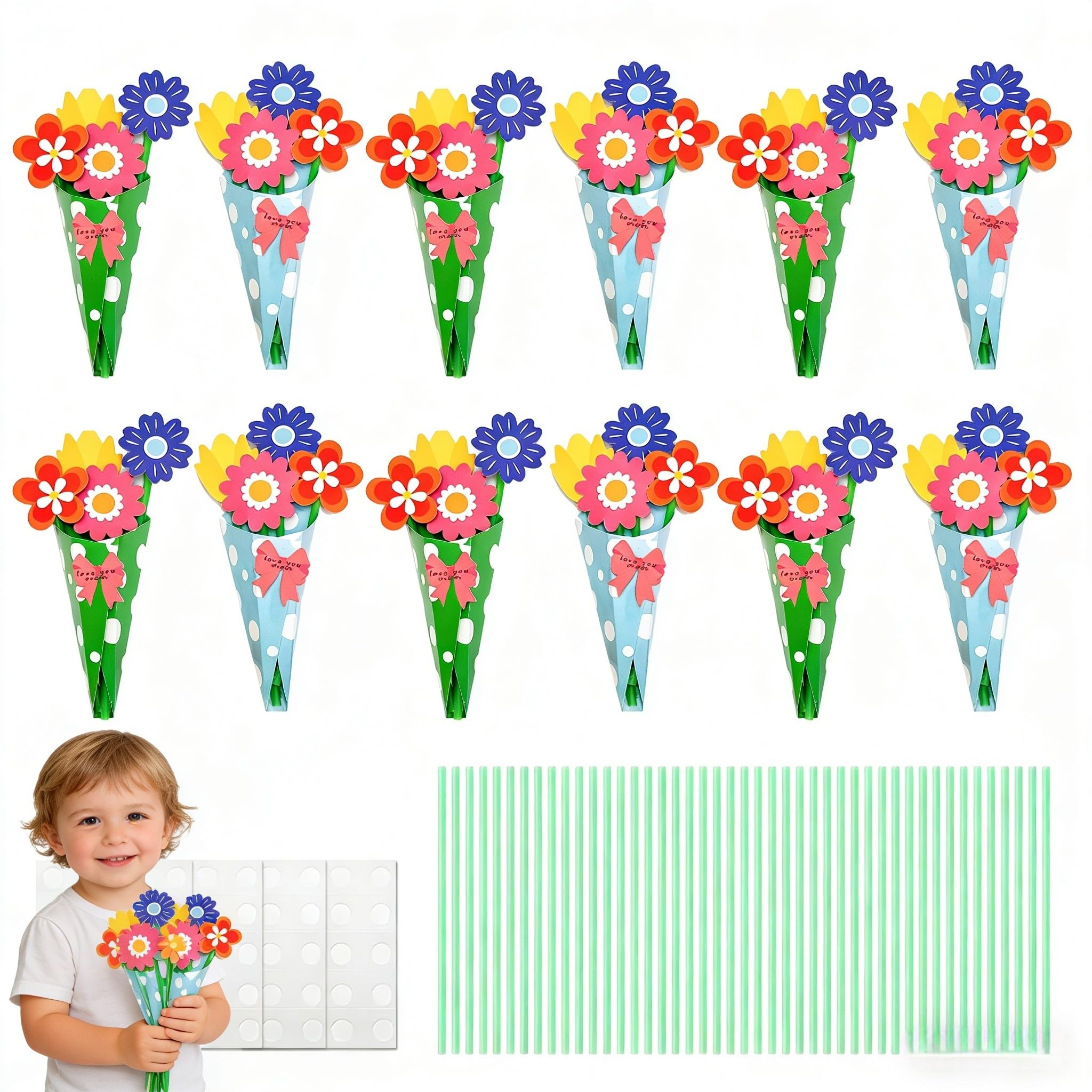 Ellxen Mothers Day Craft Kit for Kids, 12pcs DIY Flower Bouquet Set Perfect Handmade Gifts for Mum Teachers Easy to Make Papercraft Supplies for Boys Girls School Classroom Craft Activities