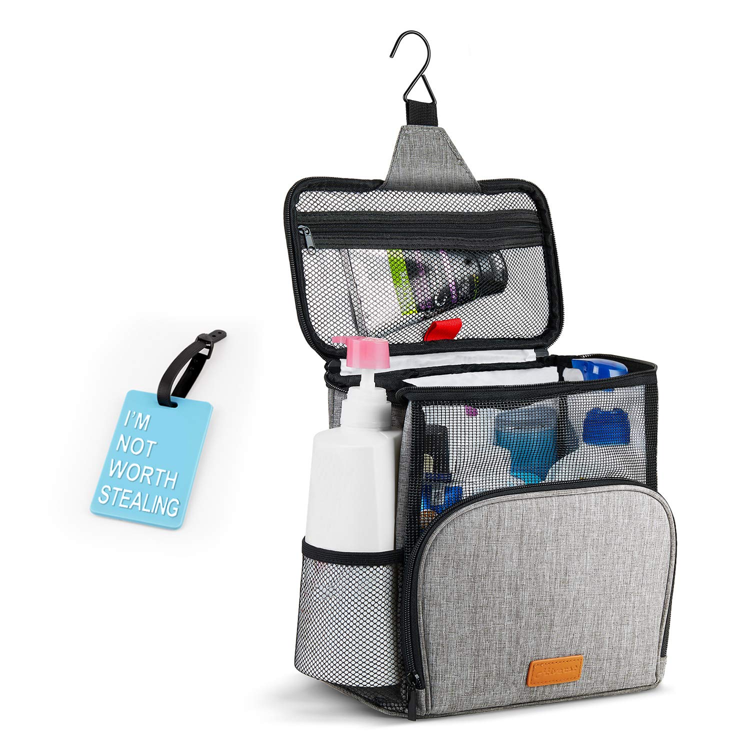 Hanging Toiletry Bag, Shower Caddy Tote Bag (Updated Version, Full Size Bottle Compatible), Bath Organizer for College Dorms, Gym, Camp, Women Men, with Funny Luggage Tag