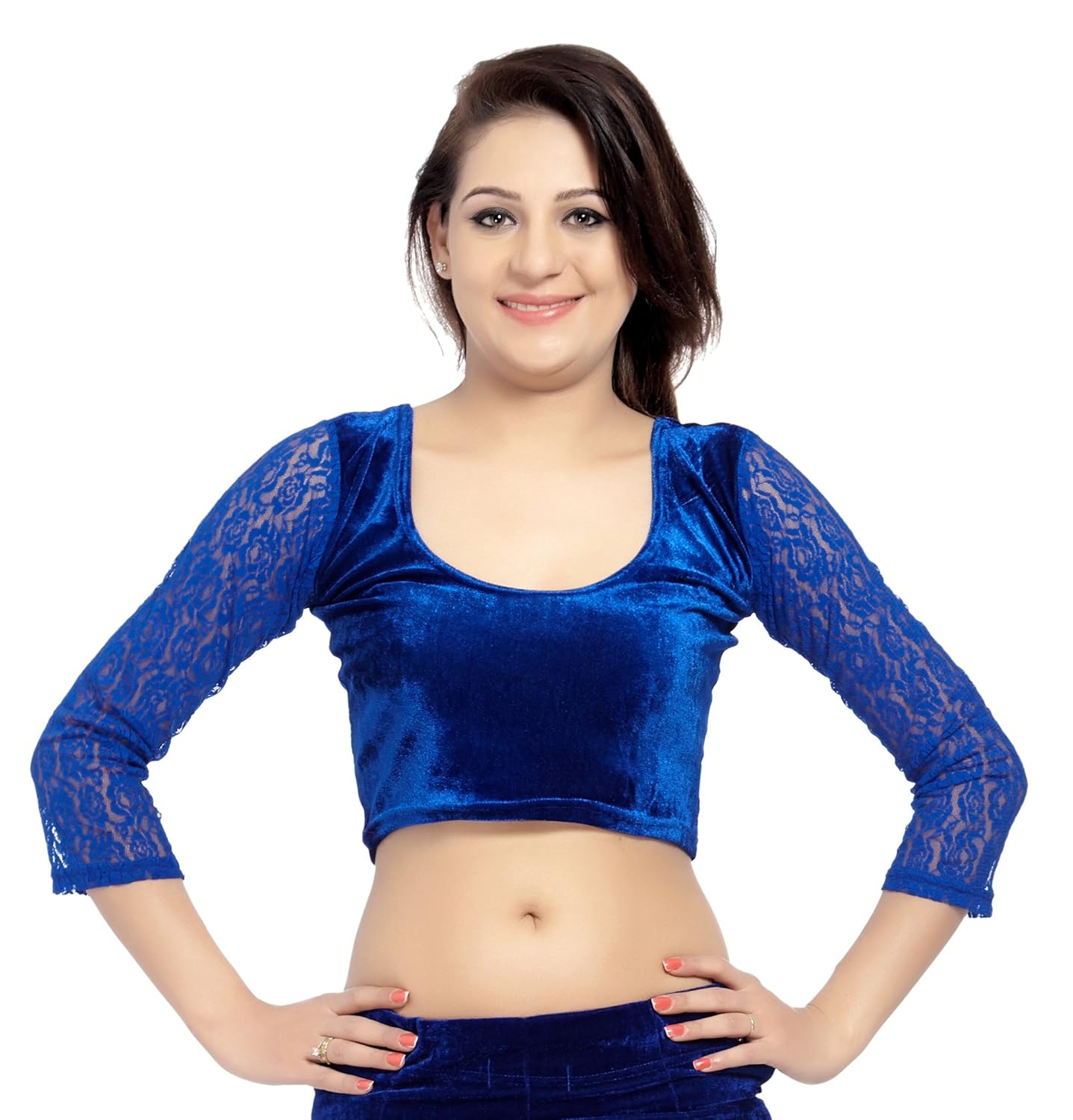 carrel women velvet fabric u round 3/4 sleeves plain blouse