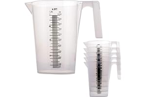TCP Global 1 Liter (1000ml) Plastic Graduated Measuring and Mixing Pitcher (Pack of 6) - Holds Over 1 Quart (32oz) - Pouring 