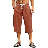Cotrasen Men's Cotton Linen Capri Pants Loose Fit Elastic Waist Drawstring Baggy Harem Pants Casual Beach Yoga Trousers