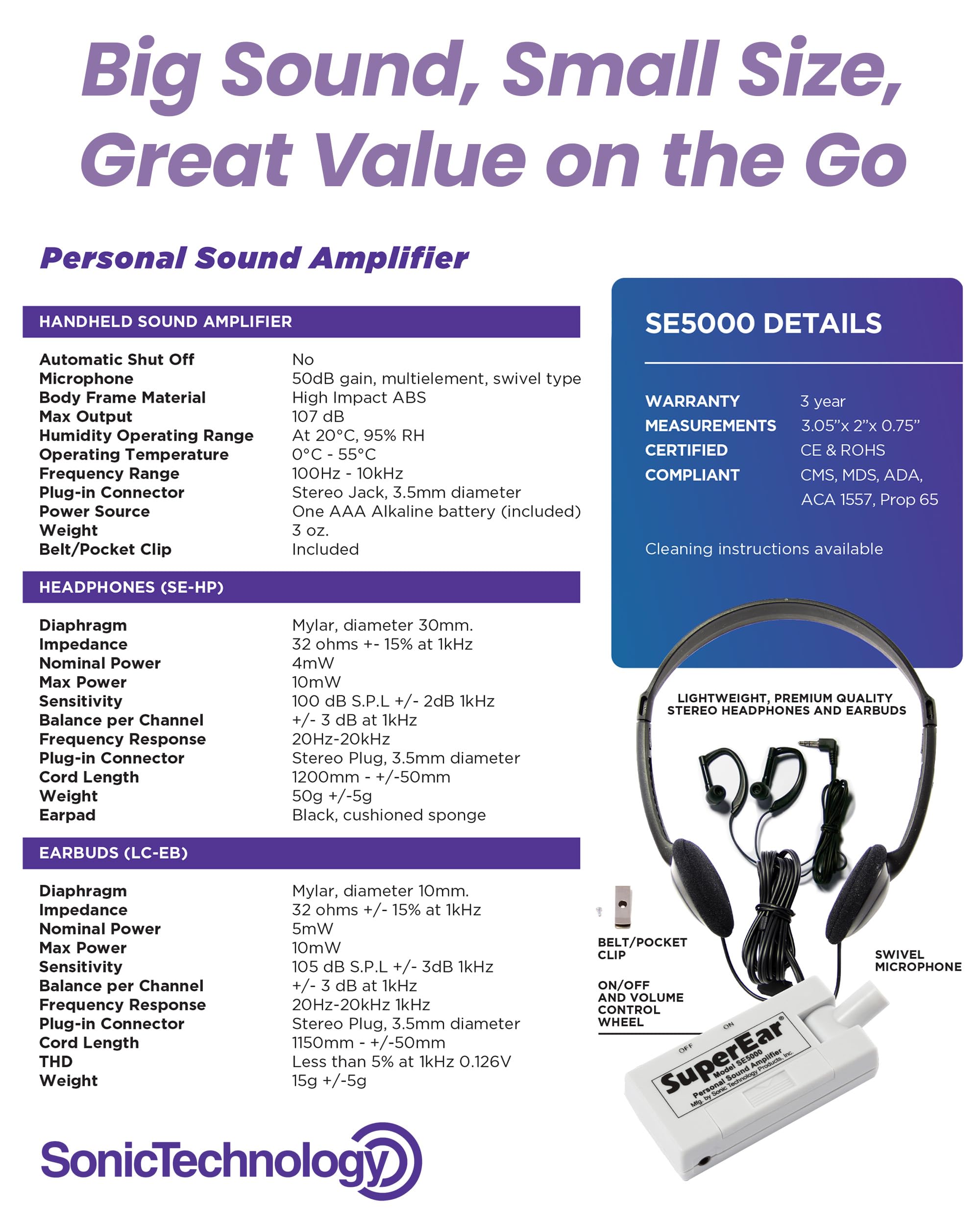 SuperEar Model SE5000 (PSAP) for Seniors - Hearing Amplifiers for Seniors, Super Ear Personal Sound Amplifier, Sound Amplifier Listening Device and Audio Accessories in 50dB Ambient Sounds Increase