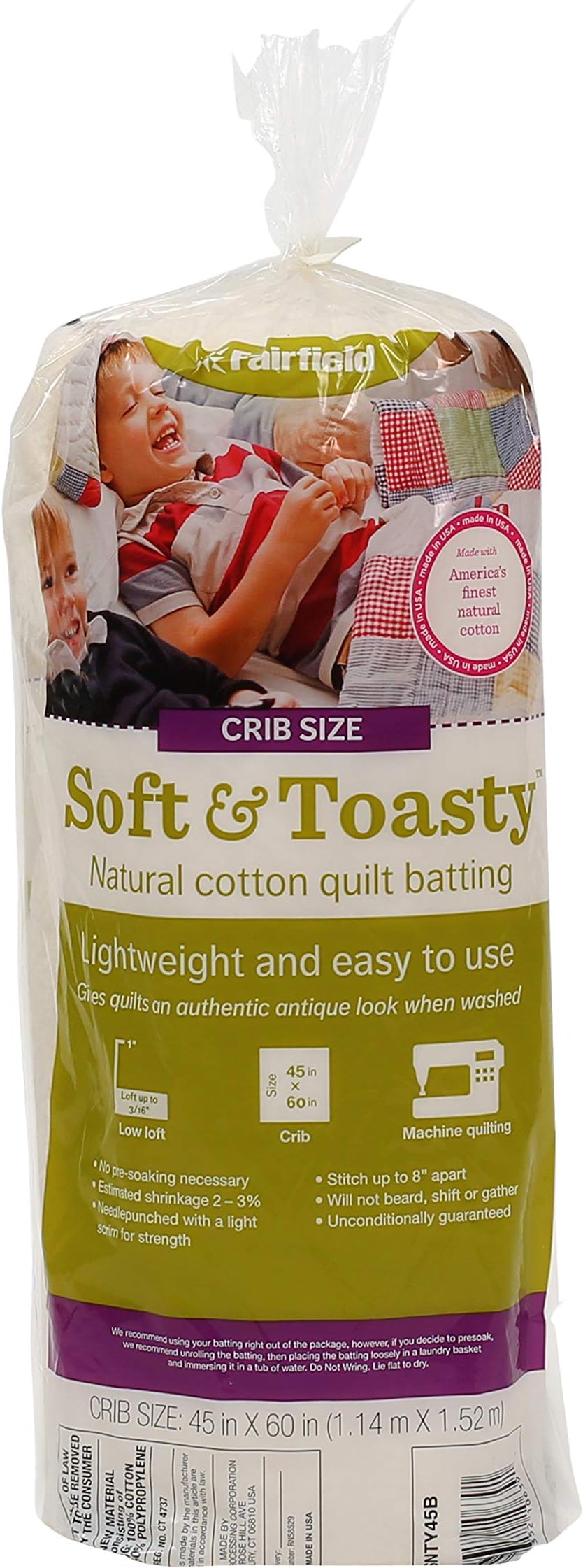 Fairfield SNTY4505 Soft and Toasty Natural 100-Percent Cotton Batting, Low Soft, 45-Inch, 5 Yard Roll
