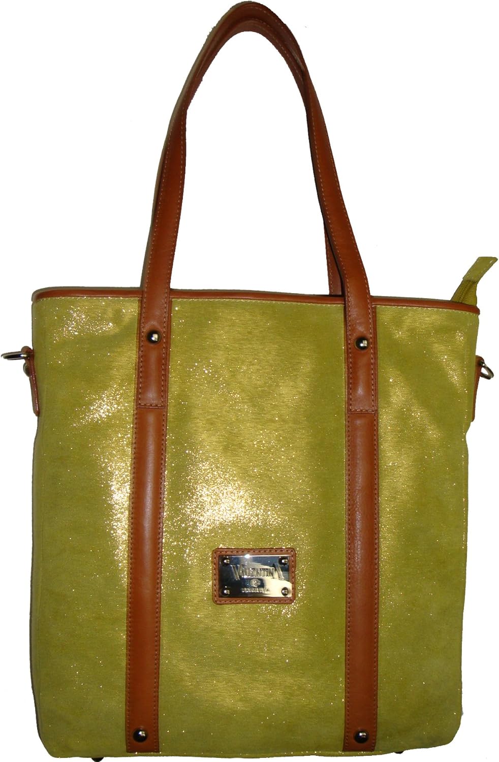 Valentina Women's Genuine Leather Tote, Large, Lime/Brown Handbags