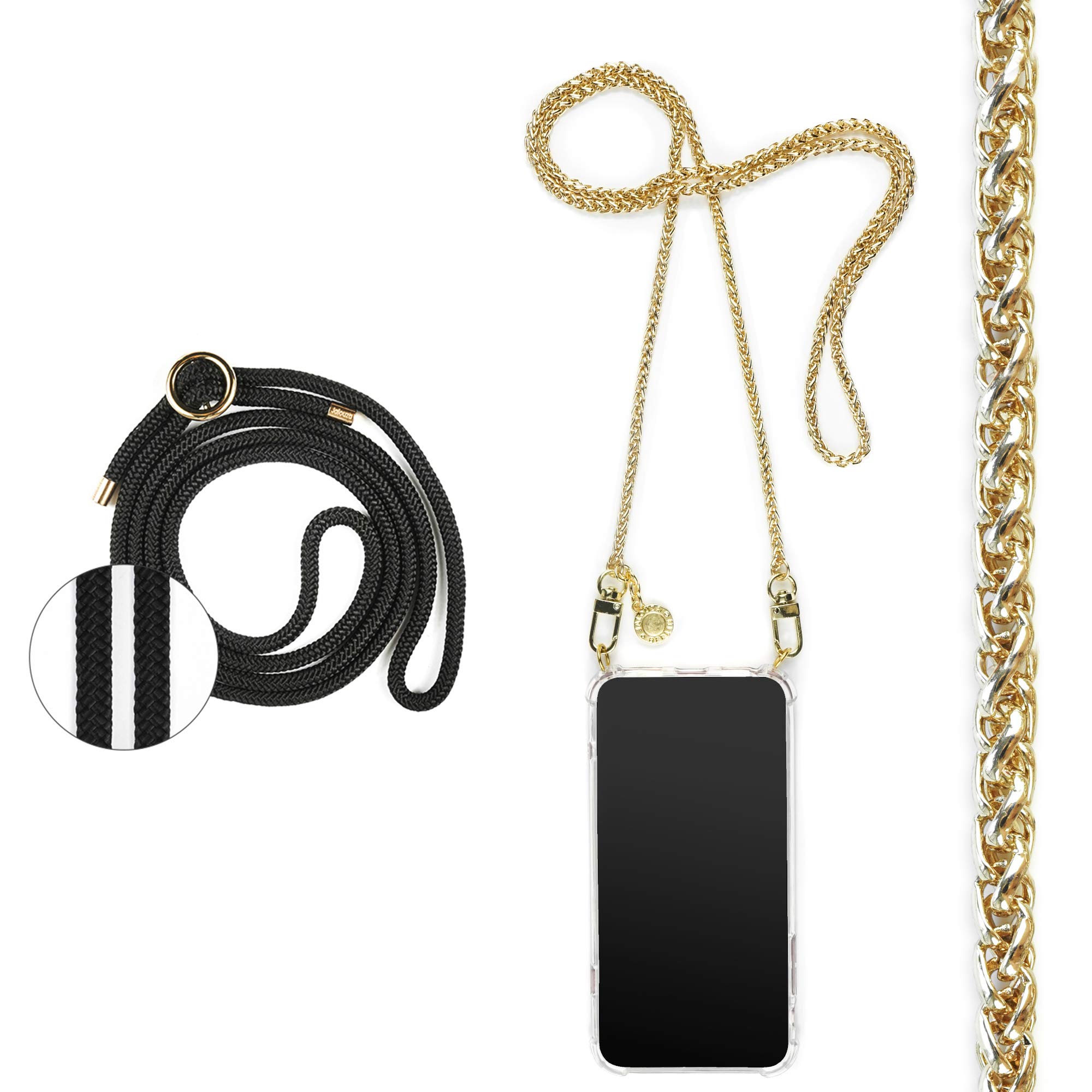 Jalouza Phone Necklace Chain Compatible with Samsung Galaxy S10 Plus – Set with Golden Braided Chain, Transparent Case and Black Cord – Crossbody Case for Apple iPhone – Premium Phone Neck Holder
