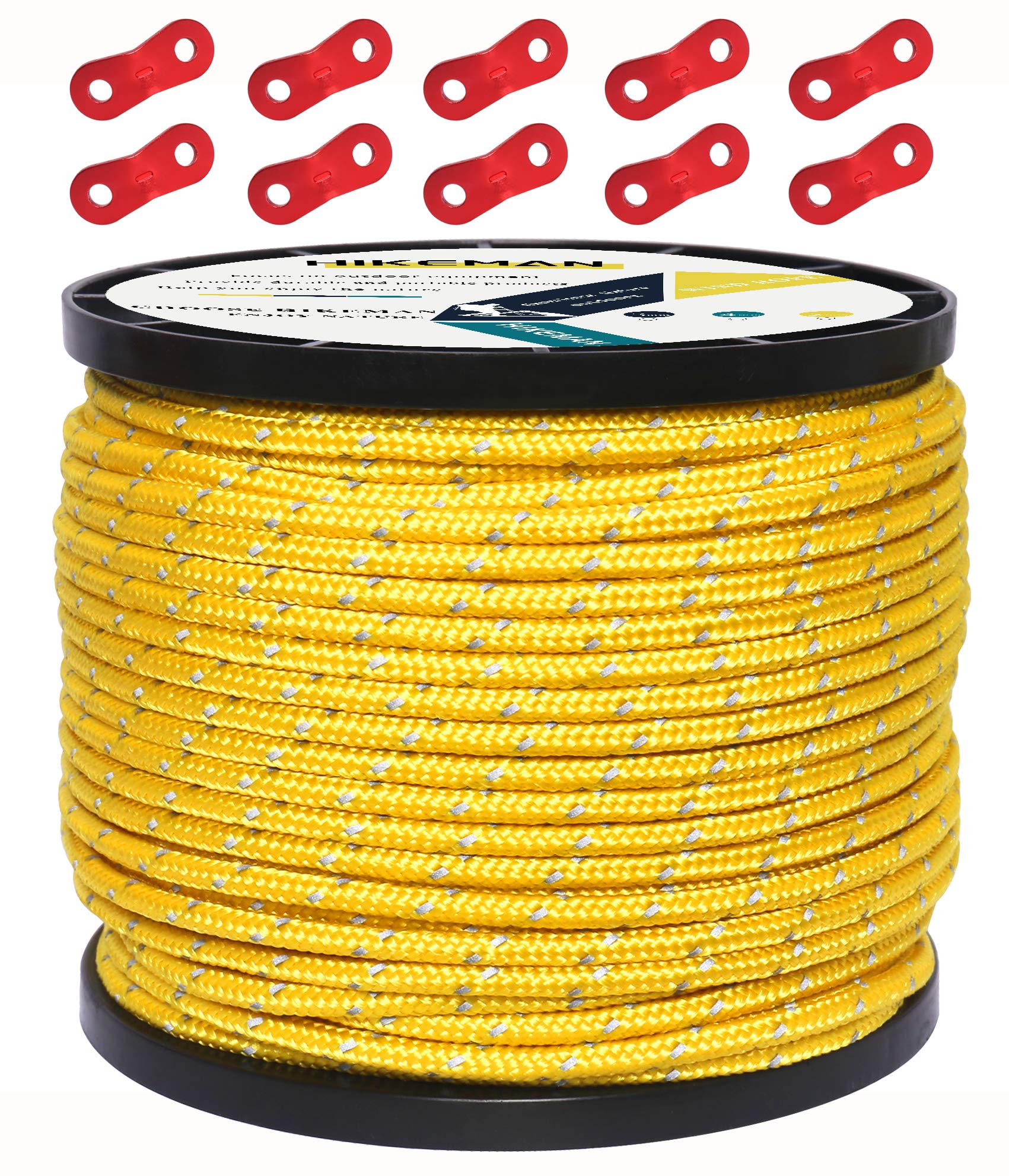 50M Reflective Cord Guy Ropes Outdoor Tent Guide Rope 100% Nylon Cord Wind Line with 10Pcs Aluminum alloy tensioners for Camping (yellow, Diameter 4 mm)