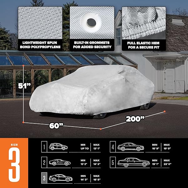 BUDGE LITE CAR COVER, INDOOR PROTECTION, BREATHABLE DUSTPROOF COVER, FITS MID-SIZE SEDANS UP TO 200 INCHES, GRAY, SIZE 3