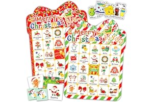 MonEnfance 39Pcs Christmas Bingo Cards, 24 Players Cute Christmas Bingo Game for Kids Adults Party Supplies Family Games Activities Xmas Festival