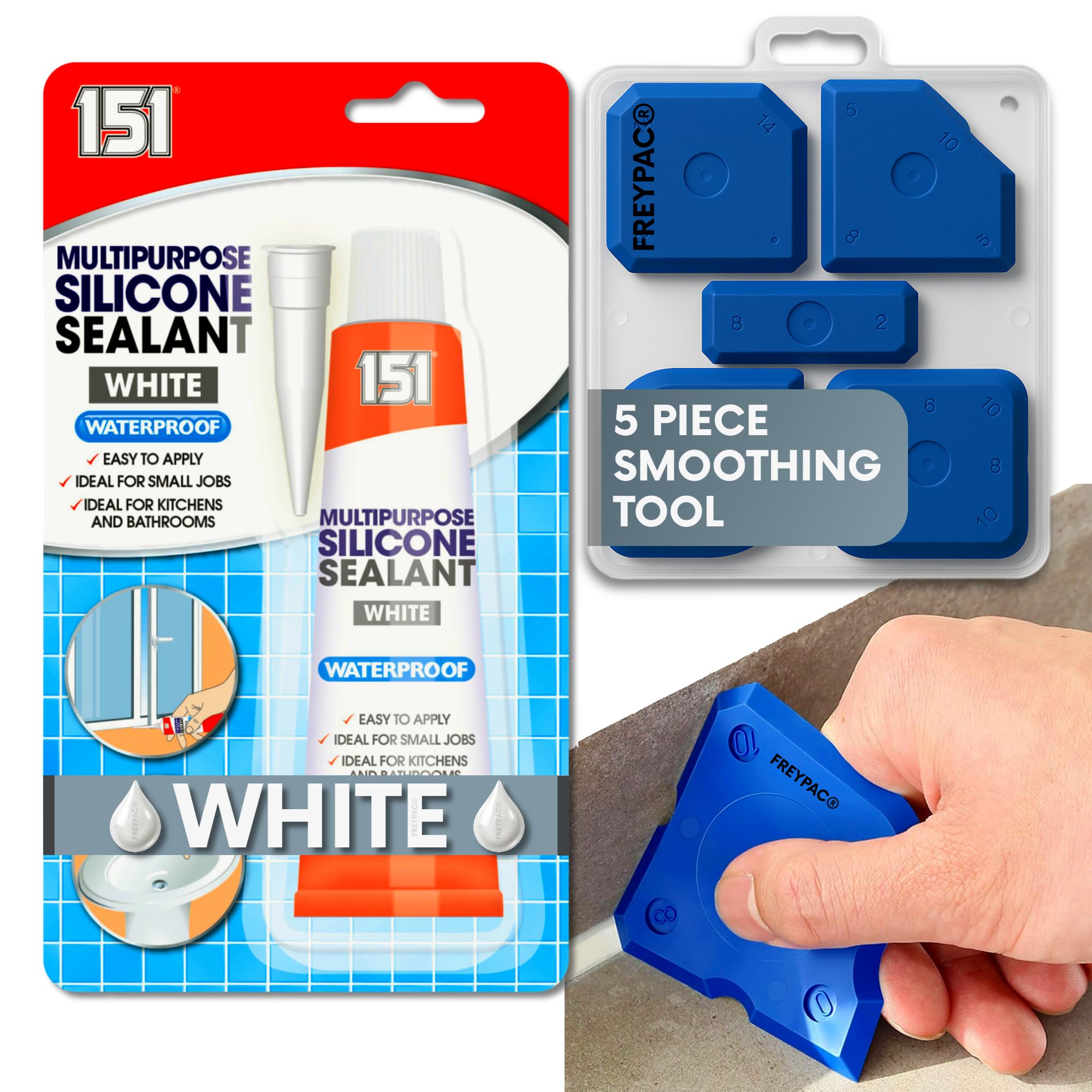 151 White Waterproof Silicone Sealant with 5 Piece Sealant Smoothing Tool Finishing Kit, Perfect for the Bath, Shower, Tiles, Aquariam Repairs, 70g, FREYPAC Bundle