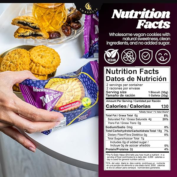 AMBROZIA MAAMOUL DATE VEGAN COOKIES, NO SUGAR ADDED, 10-PACK (2.12 OZ EACH) – SOFT-BAKED HEALTHY SNACK, ORGANIC SNACK FOR KIDS & ADULTS, NATURAL ENERGY TREAT, MADE IN EU
