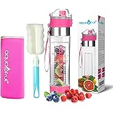 NEW AquaFrut Unique Bottom Loading Fruit Infuser Water Bottle Complete Bundle Includes Bottle Brush, Insulating Sleeve & Infusion Recipe eBook. Leak Proof Sweat Proof BPA-Free (Pink)