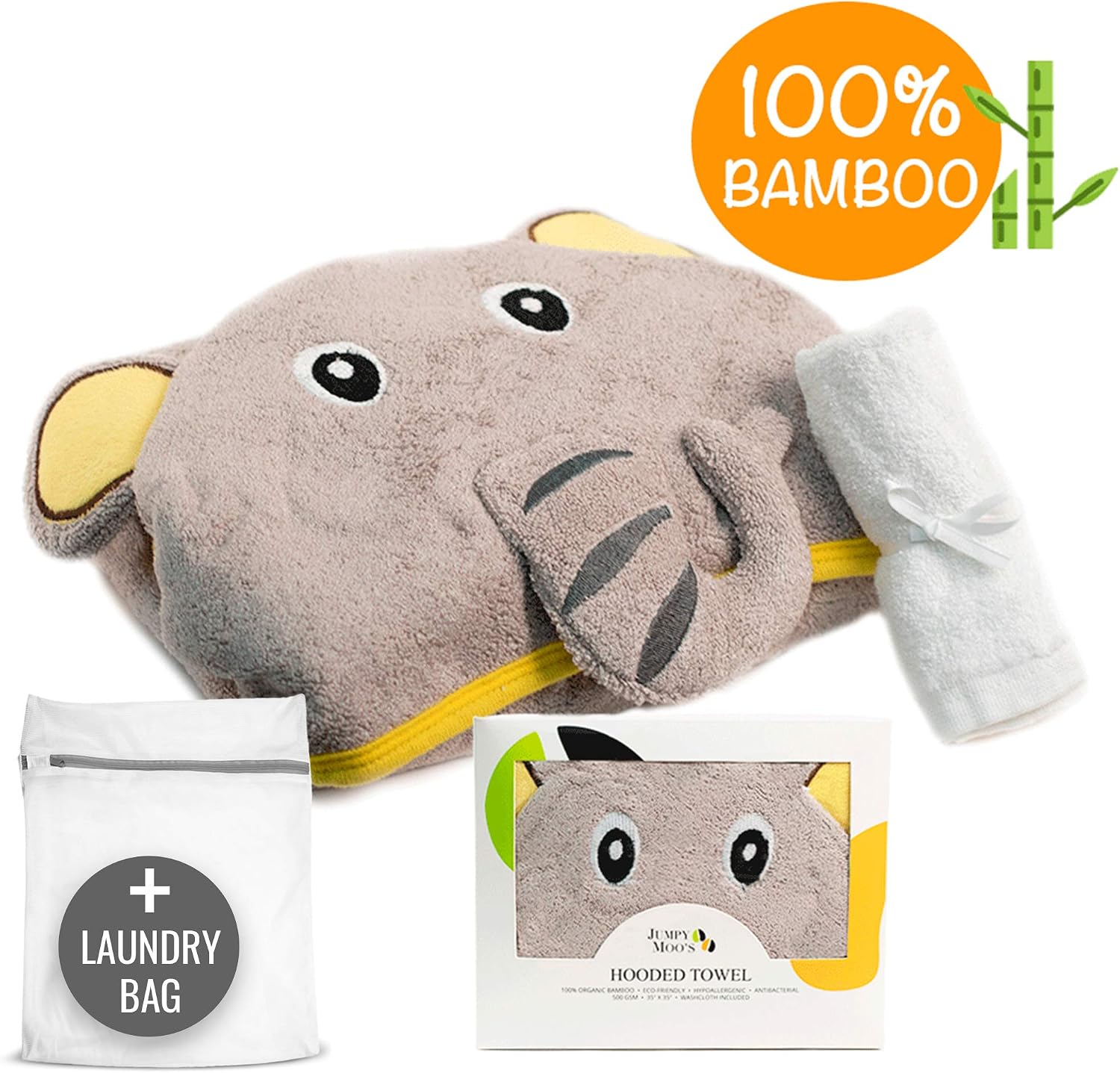 Hooded Baby Towel - Ultra Soft Large Bath Towels - Bamboo, Hypoallergenic, Highly Absorbent for Infants, Newborn & Toddlers - Perfect Baby Gift with Washcloth & Laundry Bag - Happy Elephant - Image 3