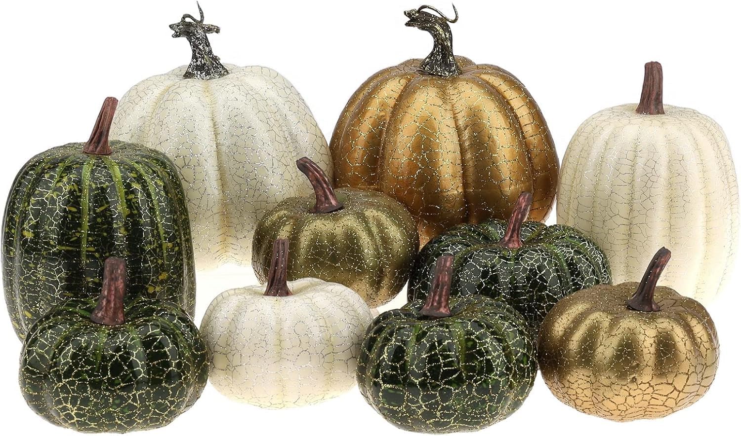 Kepfire 10 Pcs Artificial Pumpkins Autumn Decorations,High Grade Foam Pumpkin for Thanksgiving Halloween Table Centerpiece Fall Home Decor - Random Mix Color(Green&Gold&White)