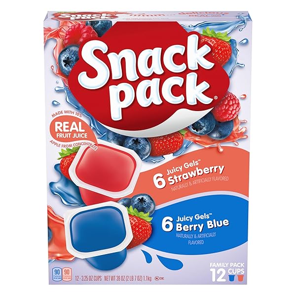 SNACK PACK STRAWBERRY AND BERRY BLUE FLAVORED JUICY GELS CUPS, 3.25 OZ., 12-COUNT FAMILY PACK