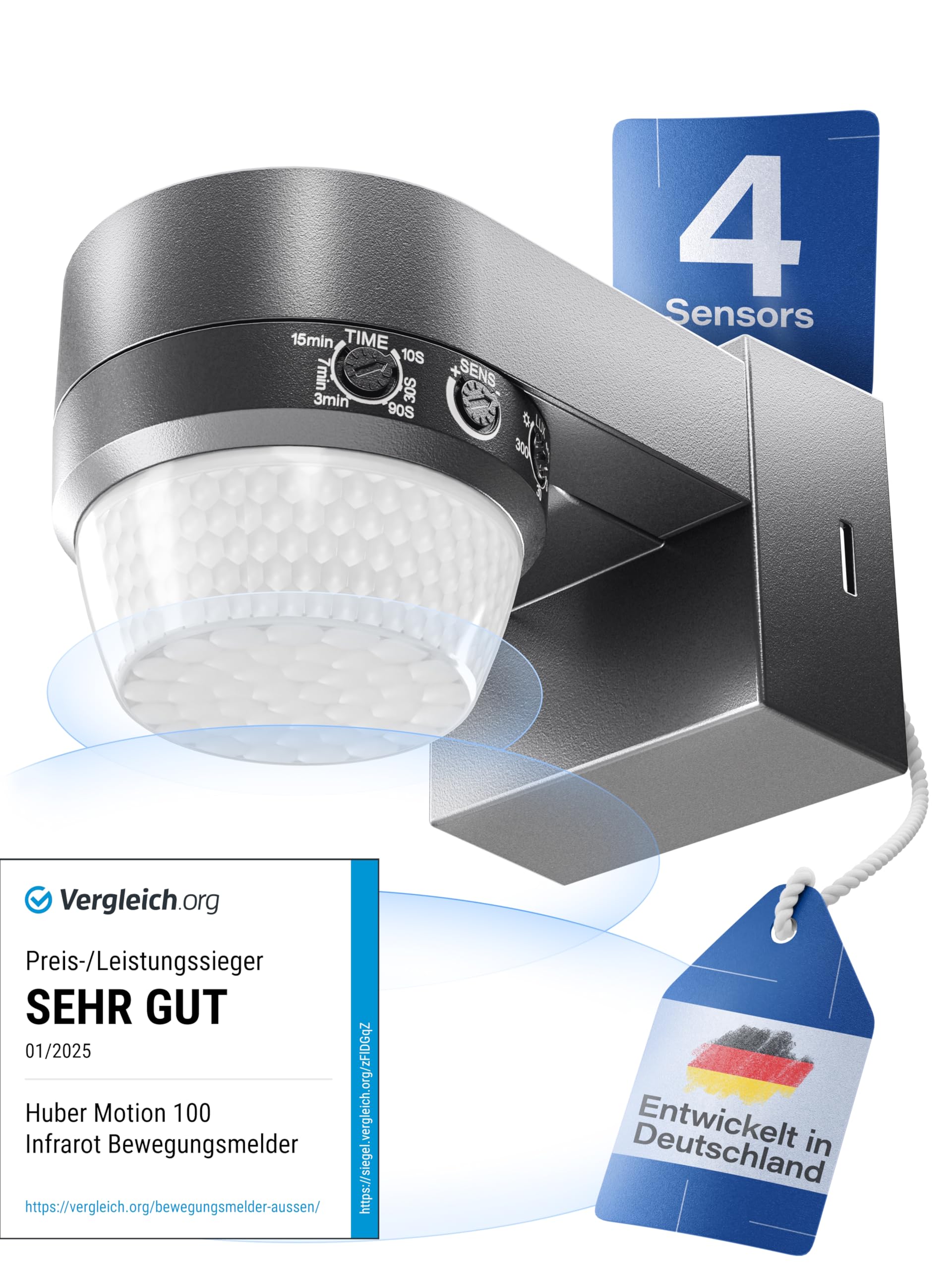 HUBER Motion 100 Infrared Motion Sensor 360ยฐ with 4 Sensors and Fresnel Lens - IP65 Motion Sensor LED Suitable I Includes Anti-Creep Protection & Area Limiting, Wall/Ceiling Mounting, Anthracite