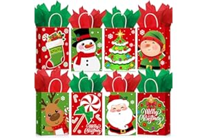 CENSEN 24 Pcs Christmas Gift Bags with Tissue Paper, Merry Christmas Xmas Kraft Paper Goodie Bags with Handles Bulk for Christmas Gift Wrapping Holiday Party Supplies (Santa Elk, Small)