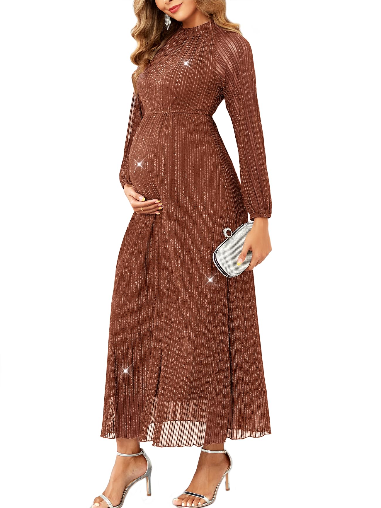 Photo 1 of CYCLAMEN Formal Maternity Dress Sparkly Halter Neck A-Line Maxi Gown Baby Shower Pregnancy Photoshoot Wedding Guests, Orange Brown, M