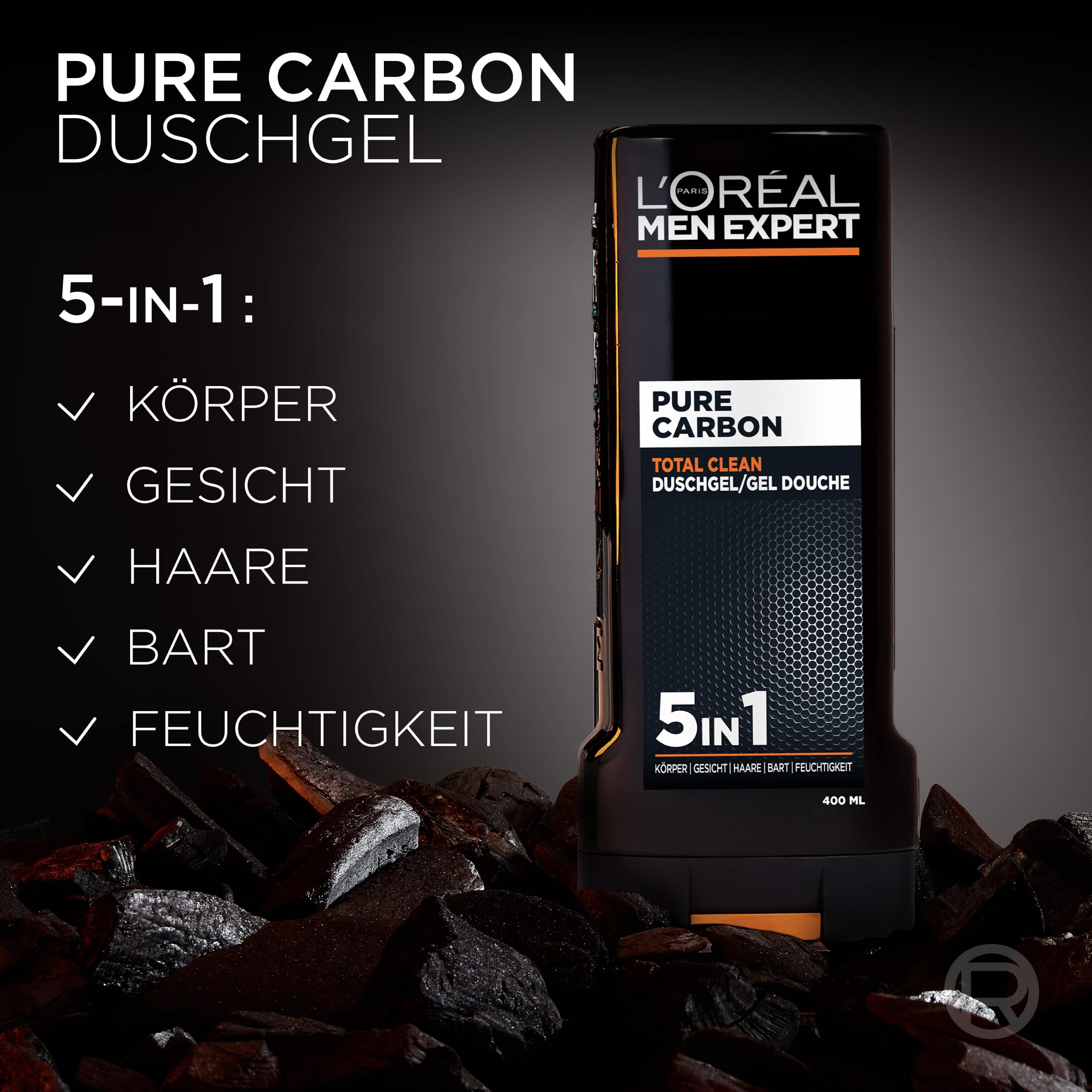L'Oréal Men Expert XXL 5in1 Duschgel und Shampoo für Männer, Duschbad zur Reinigung von Körper, Haar und Gesicht, Herren Körperpflege für langanhaltende Frische mit Karbon, Pure Carbon, 1 x 400 ml 3