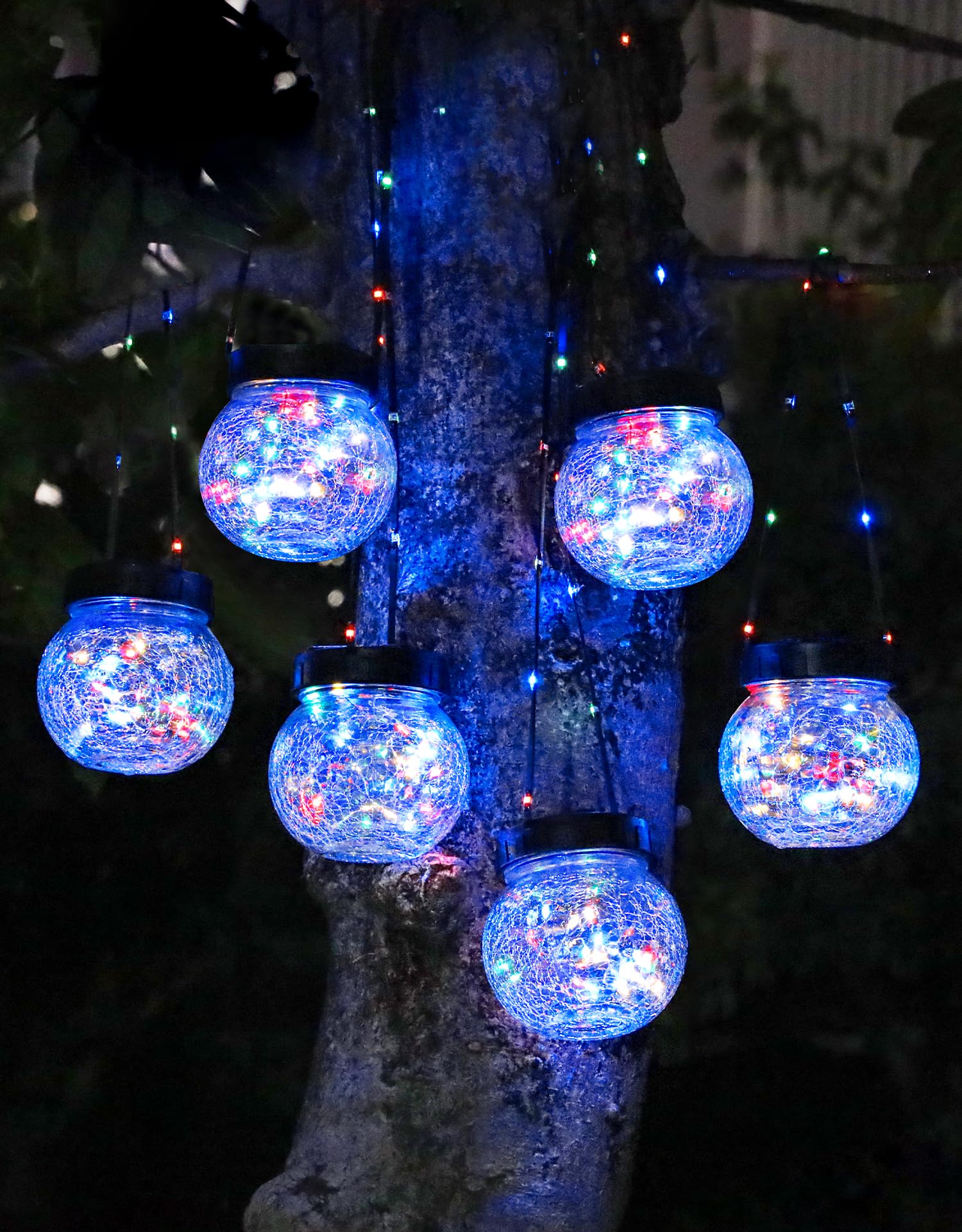 Photo 1 of PARTPHONER Solar Lantern Solar Lights Outdoor Waterproof 6-Pack, Solar Powered Hanging Lights Cracked Glass Hanging Globes for Christmas Decoration, Shepherd Hook, Garden Tree Ornaments, Multi-Color