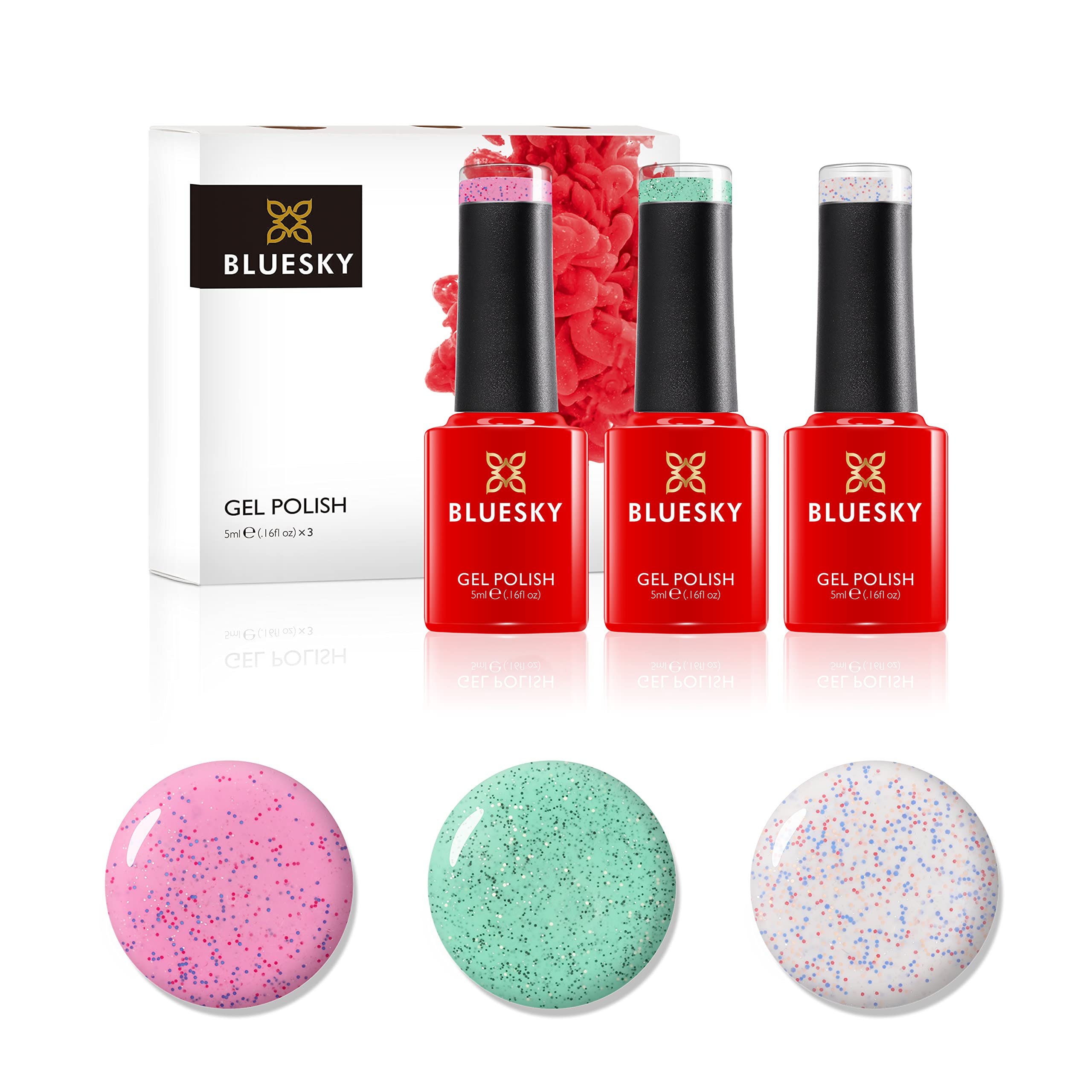 Bluesky Gel Nail Polish Set, Powder Sprinkles, Marine SR11, Sprinkles SR24, Pink Kisses 63908, 3x 5ml (Requires Curing Under UV or LED Lamp)