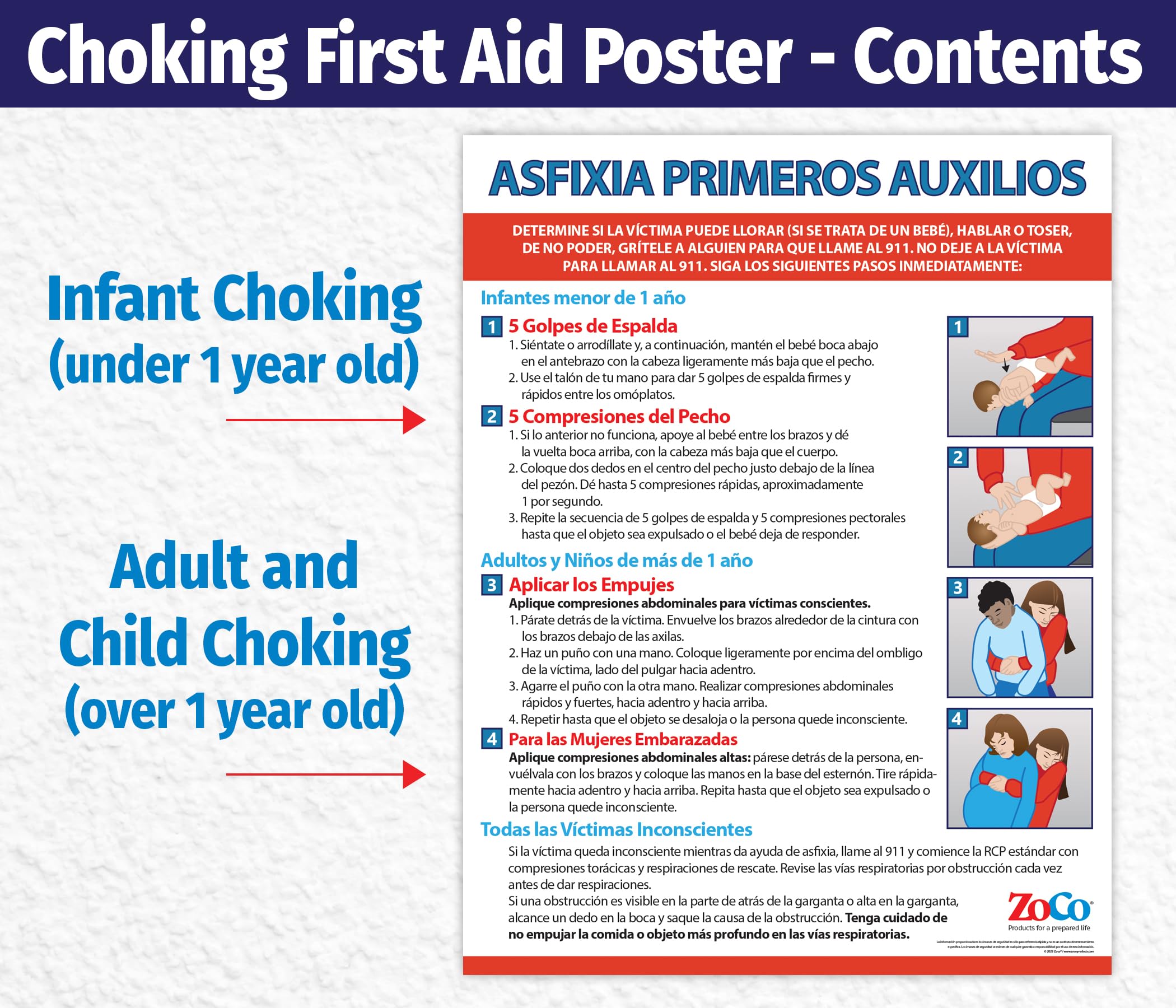 Choking Poster for Infant, Child, Adult in Spanish (1 Pack) - Heimlich Maneuver Poster for Restaurants, Workplace, Schools - First Aid for Choking - Laminated, 17 x 22 inches