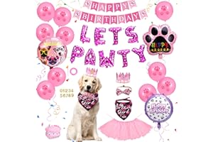 Pet Birthday Party Supplies, Decor with Dog Scarf, Crown Hat, Paw Print, Tutu Skirt, Birthday Banner, Balloons and Bowtie for