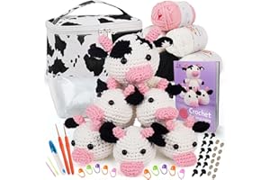 Aeelike Beginner Crochet Kit for Adults and Kids, Crochet Starter Kit with Step-by-Step Instructions and Easy See Stitches Yarn and Organiser Bag, Cute Cow Family