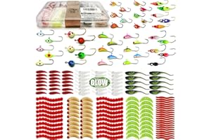 VMSIXVM 150/160/170Pcs Ice Fishing Jigs Lures Soft Plastic Worm Baits Kit, Micro Glow Winter Jig Heads Hooks for Walleye Crappie Panfish Trout, Ice Fishing Gear Equipment Tackle Accessories