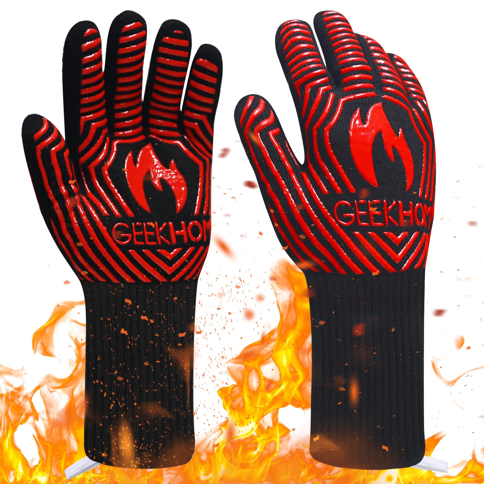 GEEKHOM BBQ Gloves,1472℉ Heat Resistant Grill Gloves, Non Slip Oven Mitts for Smoker, Cooking & Fire Pit (Red)