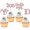 Gyufise 24 Pack Rose Gold Glitter Happy 10th Birthday Cupcake Toppers 10 Ten Hello 10 Double Dights Since 2015 Cupcake Picks for 10th Birthday Party Decorations