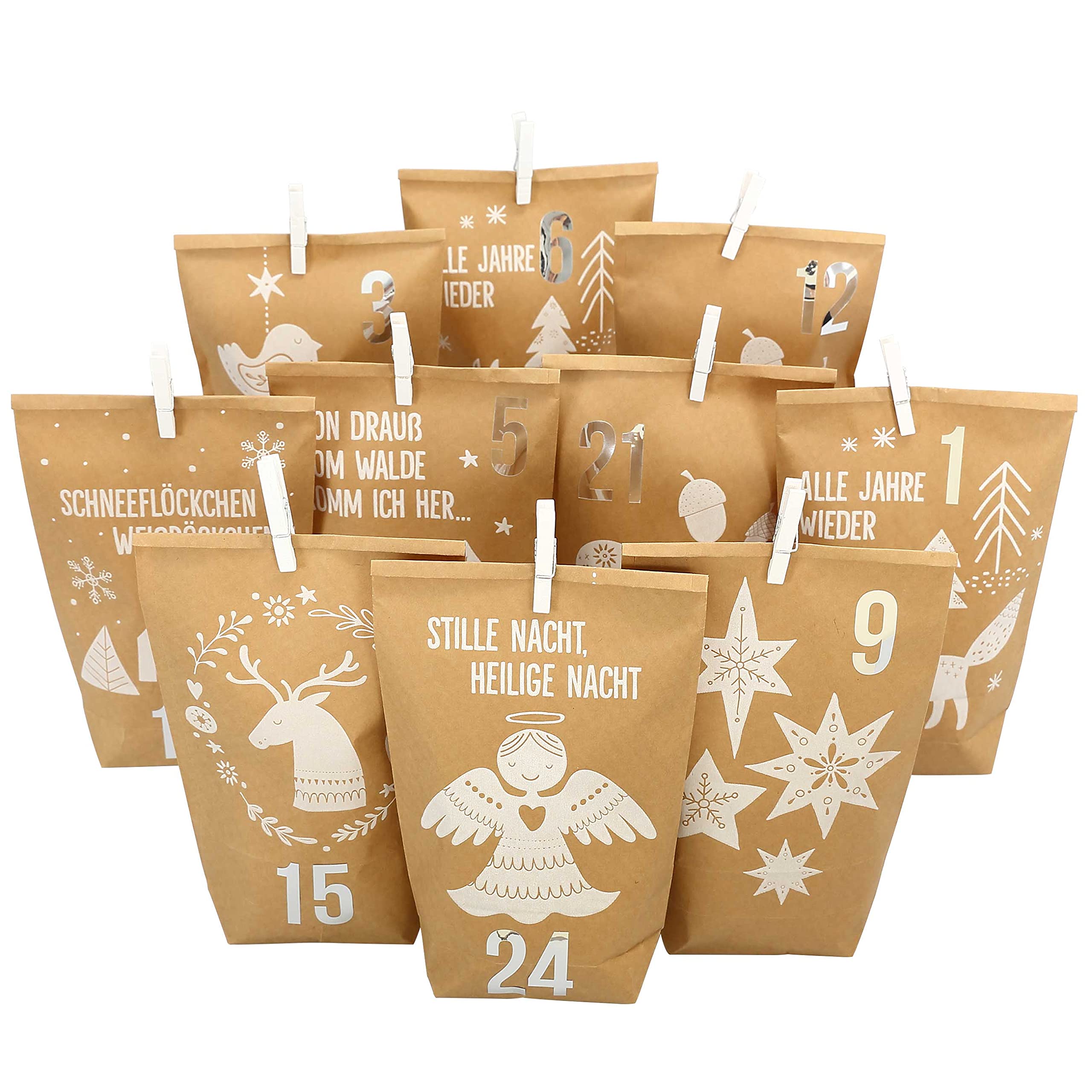 Papierdrachen Advent Calendar for Filling with 24 Brown Gift Bags and 24 Number Stickers and Clips, White Forest Animals Motif, for Crafts and Gift-Giving for Christmas & Advent