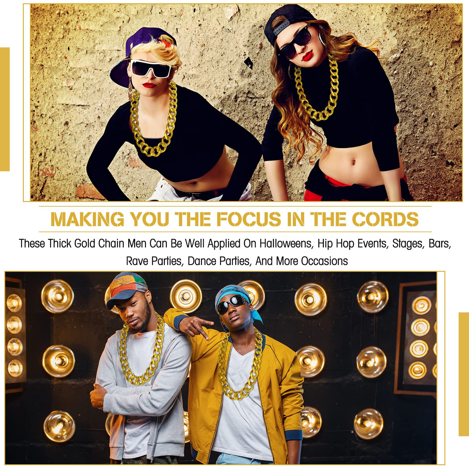 Tatuo 2 Pcs Fake Gold Chain Big Chunky Necklace for Men Women Faux Gold Chain for Rapper Costume Jewelry 80s 90s Punk Style Halloween Party Accessory, 32 Inch