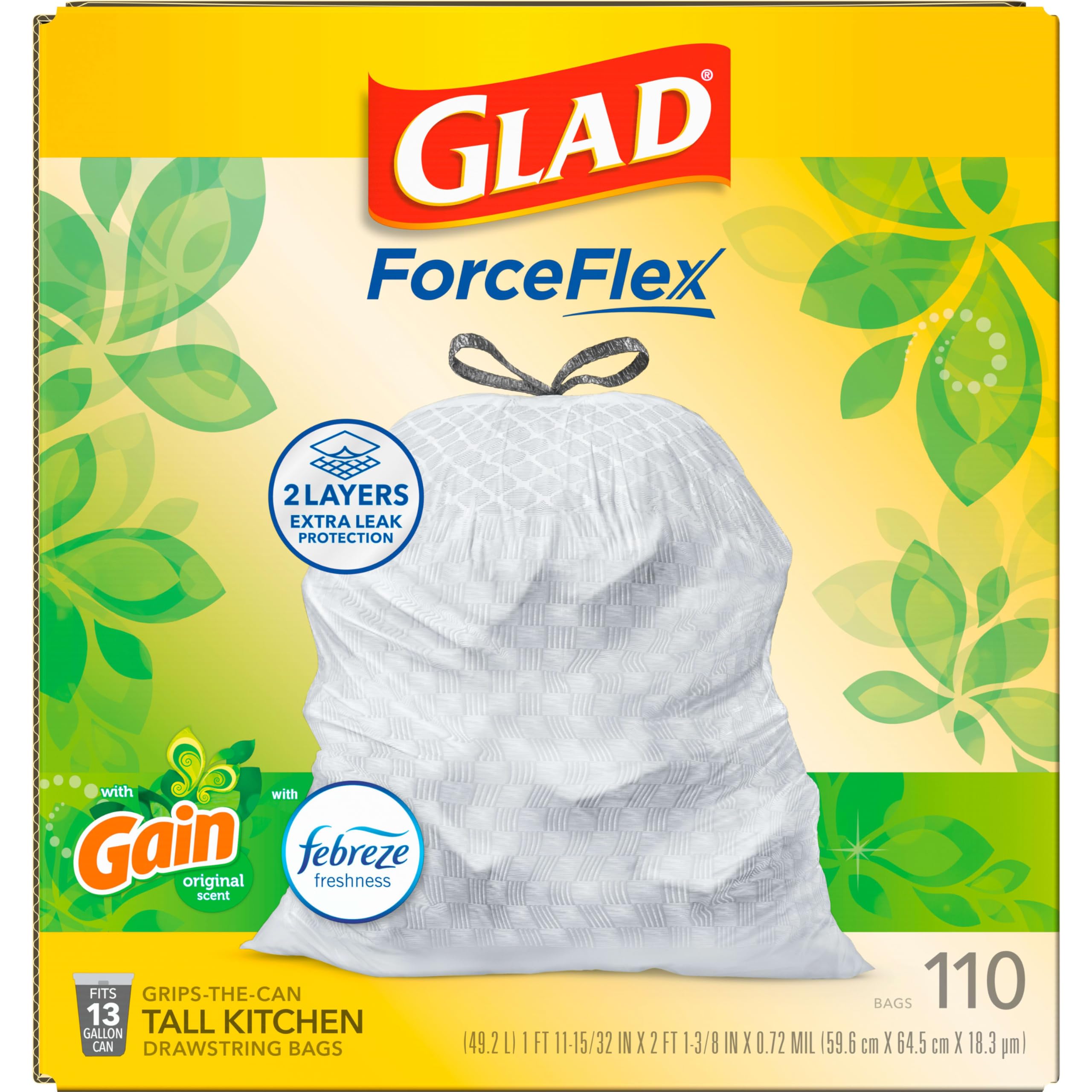 Glad ForceFlex Tall Kitchen Trash Bags, 13 Gal, Gain Original with Febreze, 110 Ct (Pack May Vary)