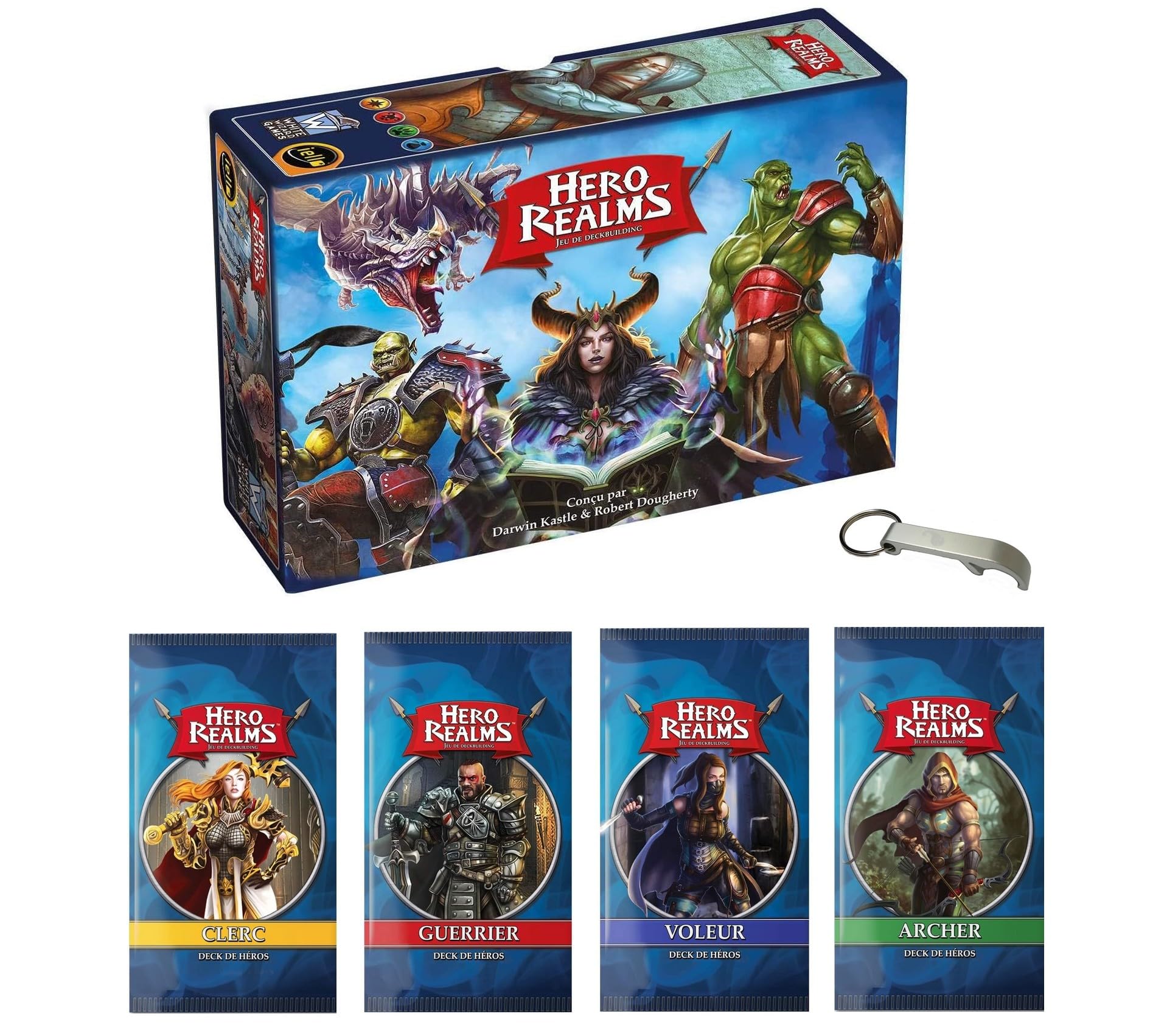 Hero Realms The Basic Game Set in French + 4 Hero Decks: Warrior, Archer, Thief, Cleric + 1 Blumie Decap — image 1
