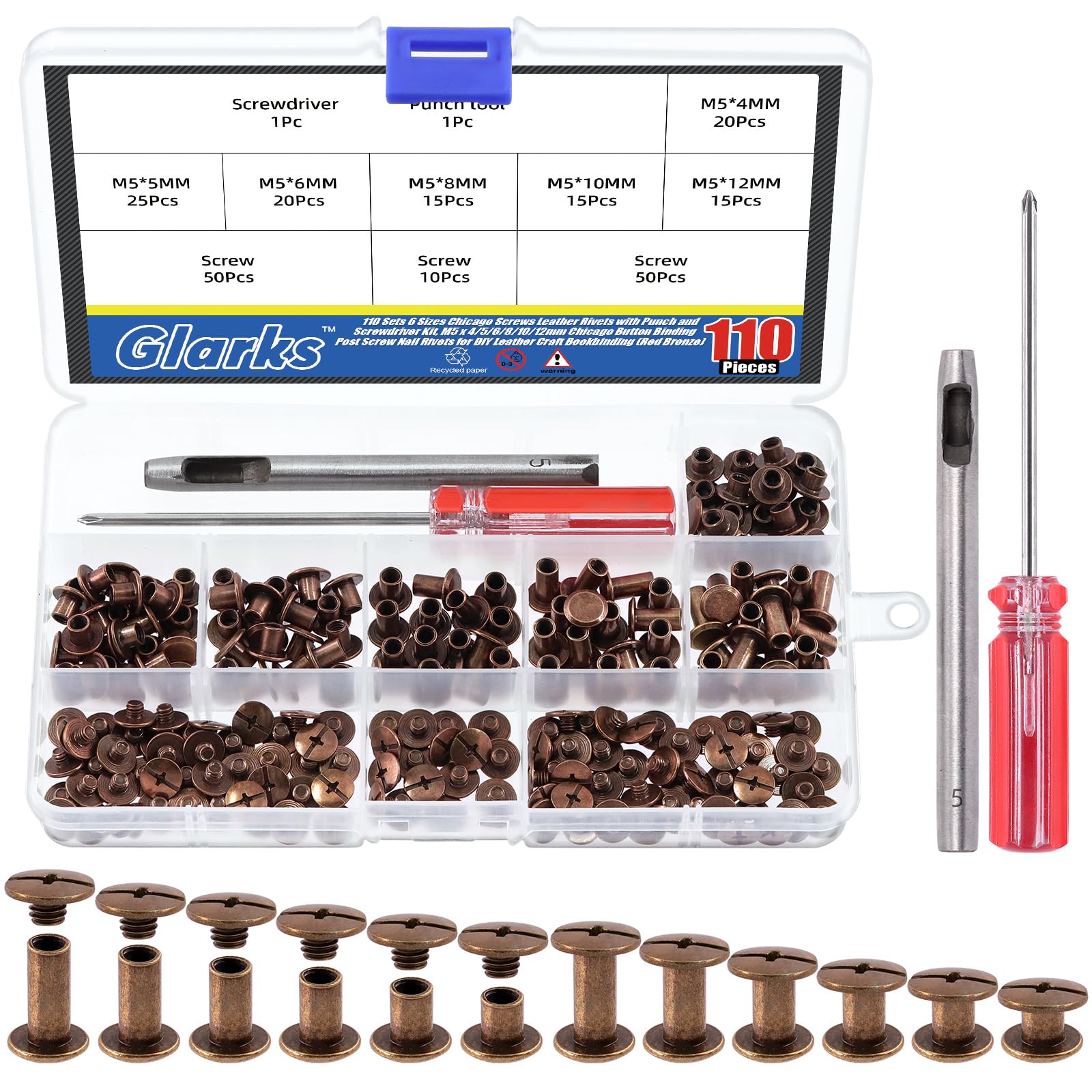 Glarks 110 Sets 6 Sizes Chicago Screws Leather Rivets with Punch and Screwdriver Kit, M5 x 4/5/6/8/10/12mm Chicago Button Binding Post Screw Nail Rivets for DIY Leather Craft Bookbinding (Red Bronze)
