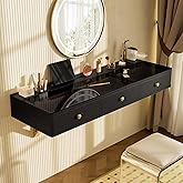 Merax Makeup Vanity Desk 47" Floating Shelf with 3 Drawers for Makeup Jewelry Organisation, Multi-Purpose Wall-Mounted Vanity Shelf for Bedroom Bathroom Hairdressers, Bear 100LBS, Black and Golden