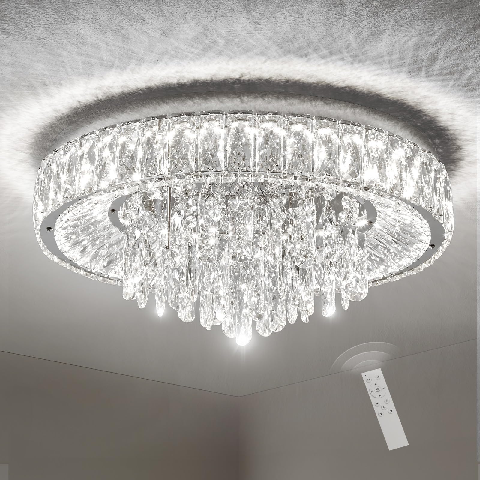 Photo 1 of **parts only** Modern Silver Ceiling Crystal Chandeliers: K9 Crystals Led Light Dimmable with Remote - 20" Round Semi Flush Mount Chandelier Crystal Ceilings Lighting Fixtures for Bedroom Dining Room Living Room
