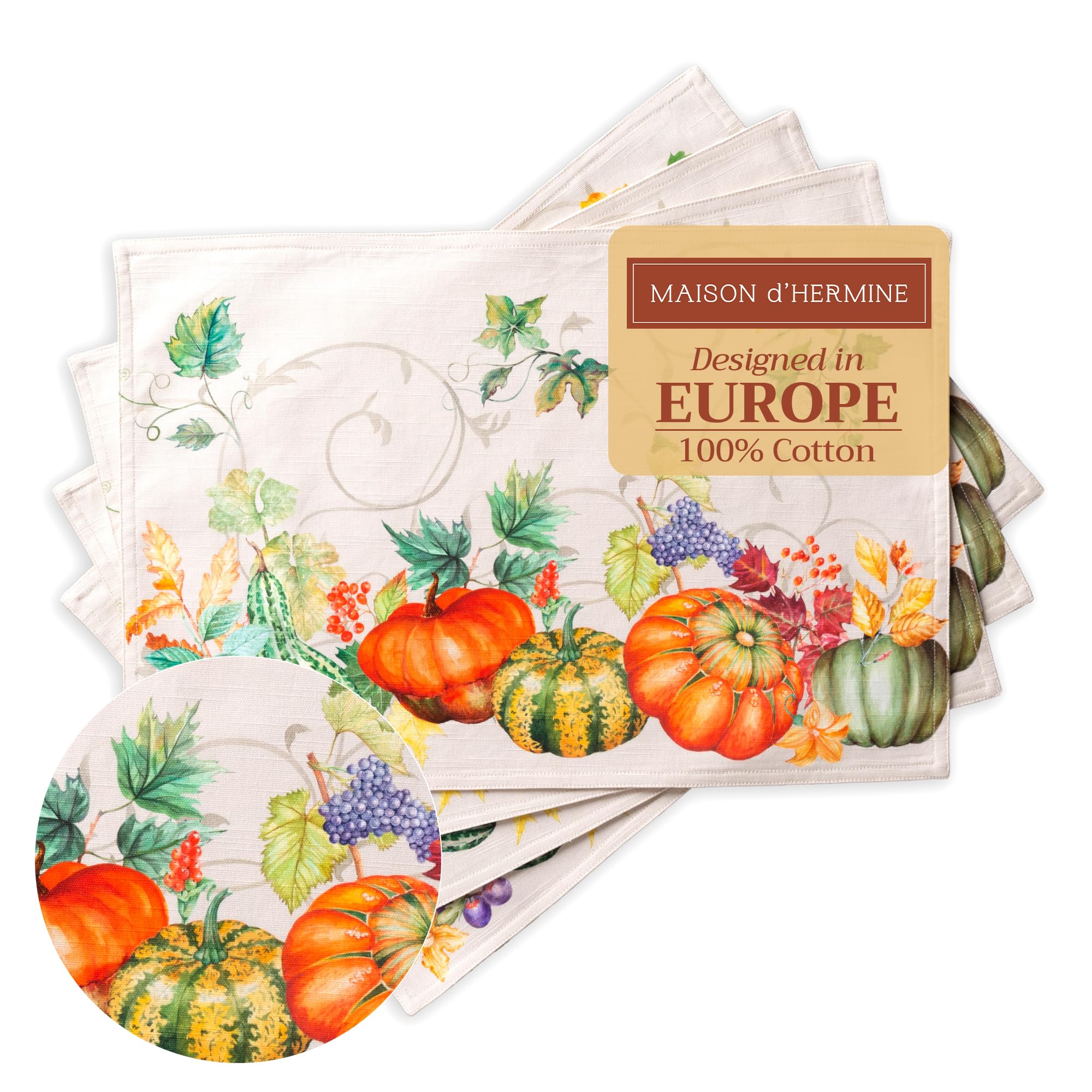 Maison d' Hermine Placemats Set of 4 100% Cotton Washable Cloth Place Mats, Reusable Table Mats for Thanksgiving Christmas Decorations Kitchen Dining Party Wedding Restaurant (Lumina, 13" x 19") Image