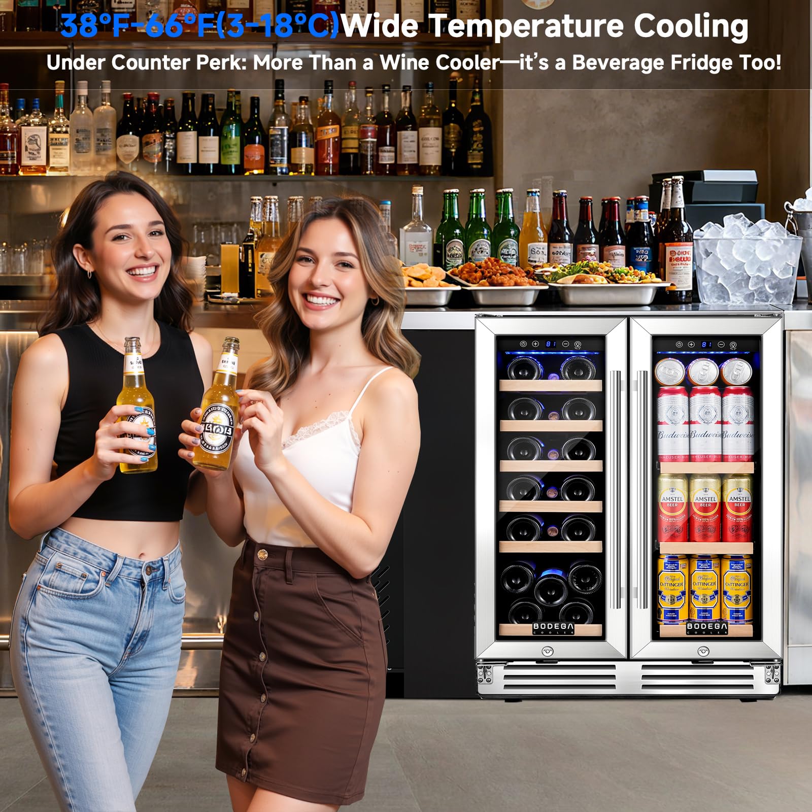 BODEGA 24 Inch Wine and Beverage Refrigerator, Dual Zone Wine and Bar Beverage Cooler, Commercial Black Bar Cooler With 2 Glass Doors, Bar Fridge Hold 19 Bottles and 57 Cans,Built-In or Freestanding.