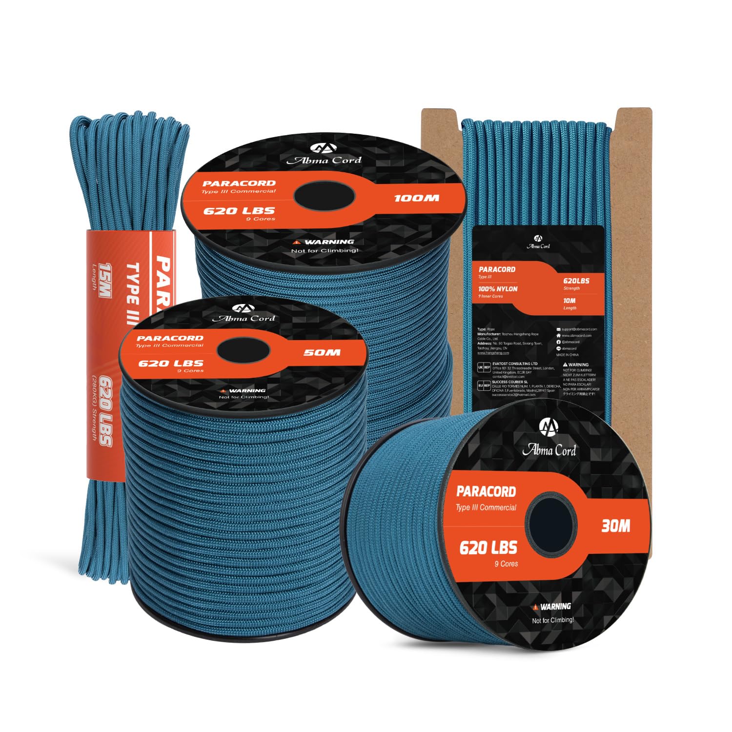 Abma Cord Paracord 4mm 50m 100% Nylon Rope 9 Strands Type III Parachute Cord for DIY, Camping, Survival, Outdoor - Max. 280kg - Teal