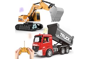 YAYYAY Remote Control Excavator Toy for Kids, 2 Pack Construction Vehicles with Lights & Sounds, Pull Back Dump Trucks & RC Excavator, Gift for Boys Girls Ages 3-12, Red Color