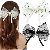 2 Pcs Lace Bow Hair Clips Large Pearl Polka Dot Hair Barrettes Gauze Chiffon Ribbon Bowknot Snap Hair Clasps Cute Tulle French Hair Styling Accessories for Women Girls