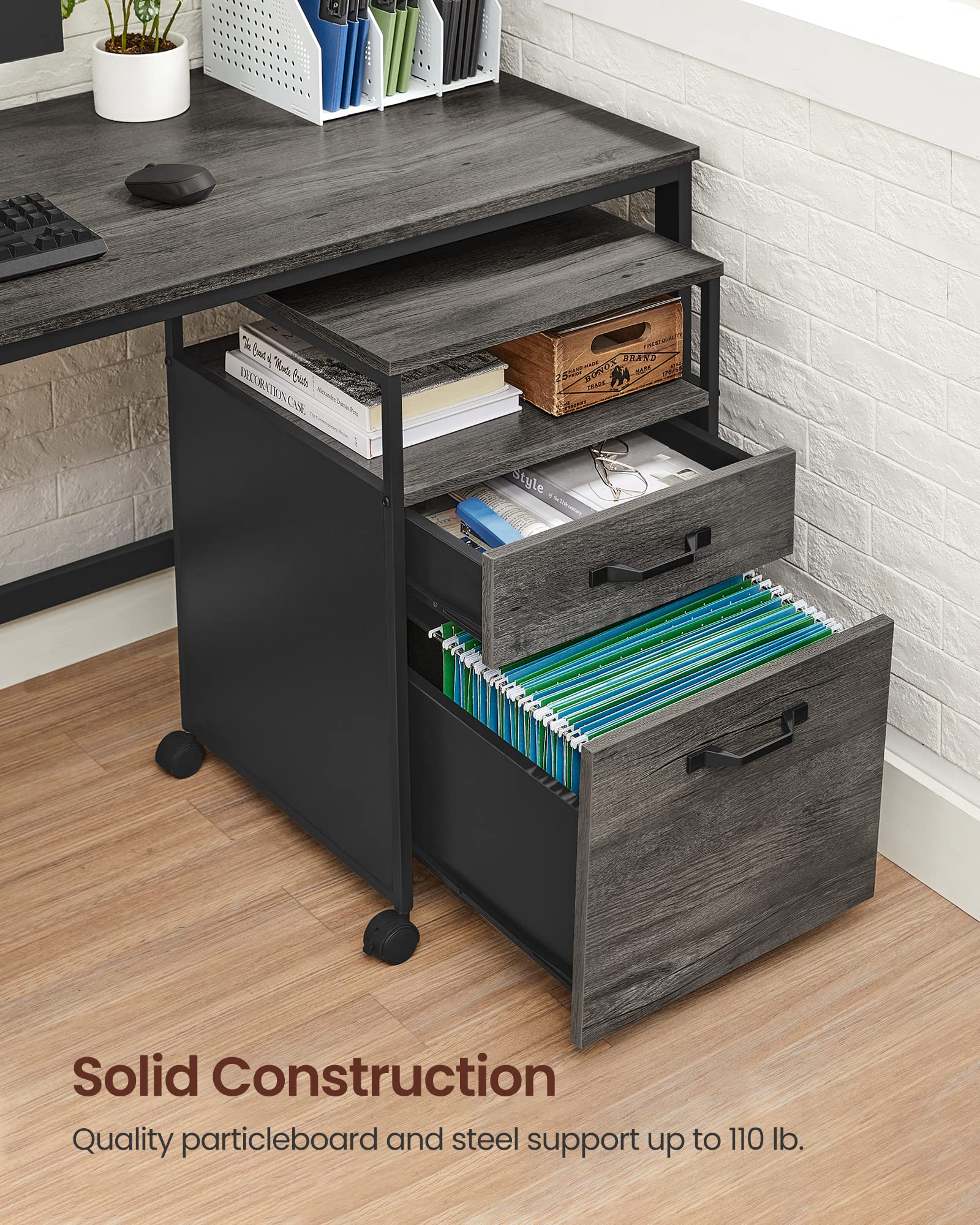 VASAGLE File Cabinet, Mobile Filing Cabinet with Wheels, 2 Drawers, Open Shelf, for A4, Letter Size, Hanging File Folders, Charcoal Gray and Ink Black UOFC071B04
