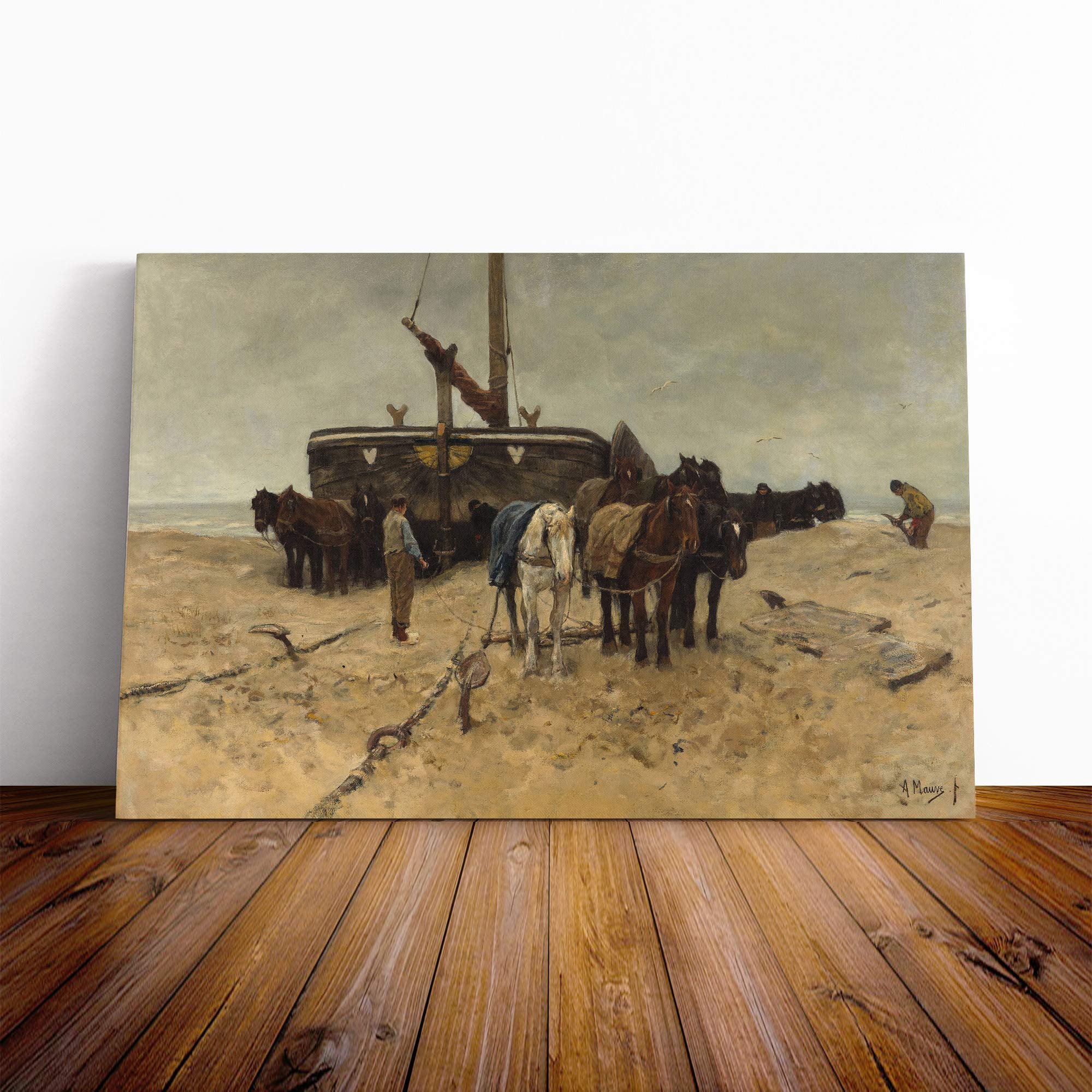 Anton Mauve Fishing Boat on The Beach Canvas Print | Gallery Wrapped 30mm Frame Wall Art | 20x14 inches | Ready to Hang | Modern Seascape Picture | Living Room Bedroom Lounge Office