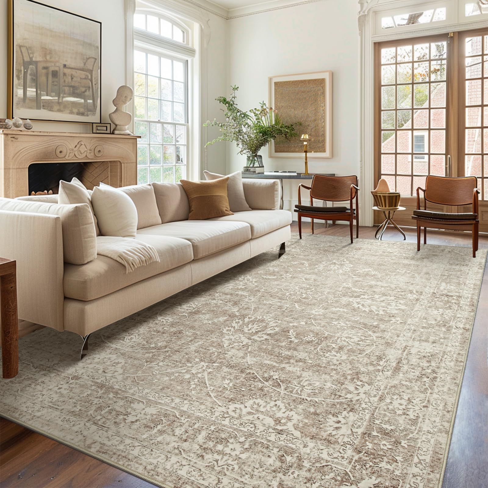 Photo 1 of Madane 5x7 Area Rugs for Living Room, Washable Vintage Area Rug with Non Slip Backing, Soft Floral Print Stain Resistant Floor Carpet 5 x7 with Low Pile (5 x 7, Brown/Sand)