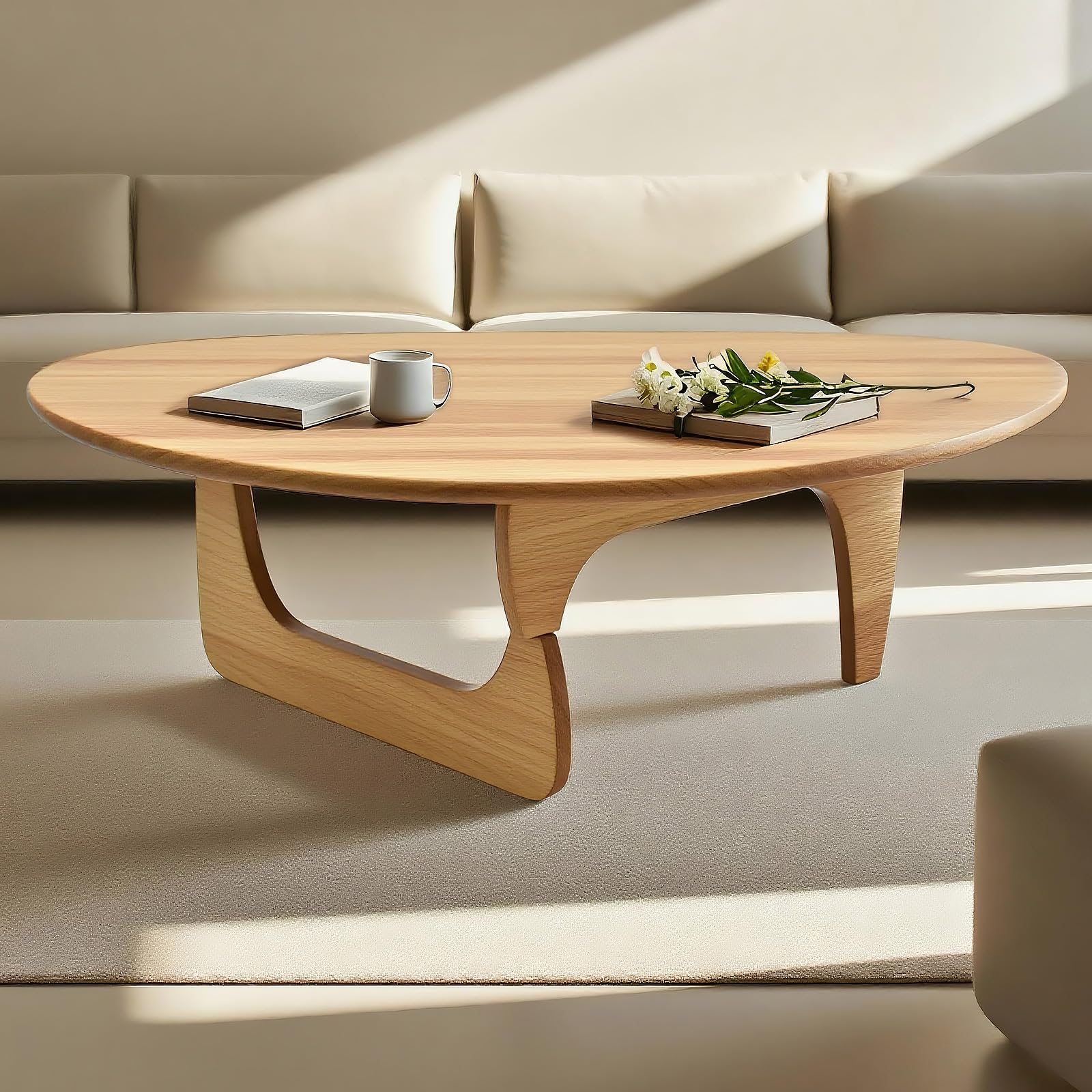 Photo 1 of Modern Triangle Coffee Table: Unique Funky Soild Wood Coffee Tables for Living Room, Wooden Oval Mid-Century Modern Abstract Tea Tables for Patio Office Balcony (Natural, 33" L x 22" W x 16" H)